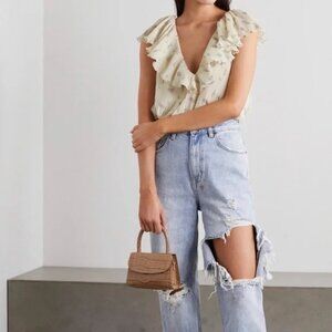 GANNI Ruffled Floral-Print Plissé-Georgette Blouse - Ivory